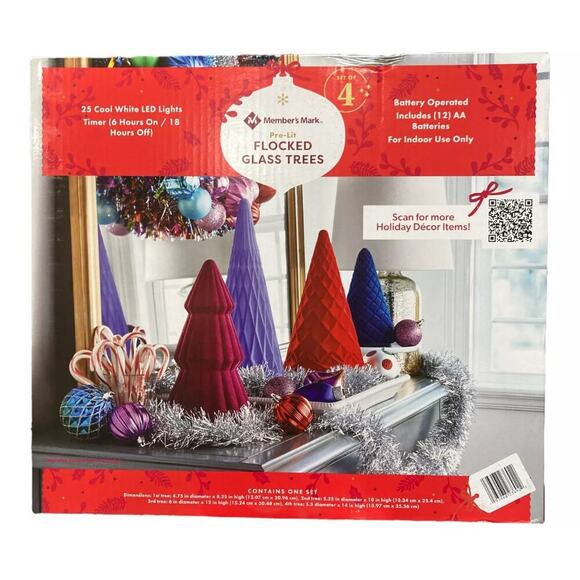 Nib- Member's Mark-Pre-Lit 4 Pc Indoor Flocked Glass Holiday Trees - Picture 2 of 3